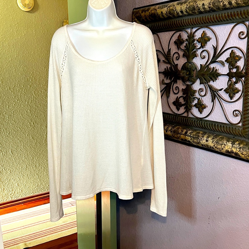 Lucky Brand Top- waffle knit Long Sleeve stretch white top XL